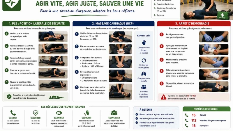Rappel des gestes vitaux : pls, massage cardiaque, arrêt d’hémorragie
